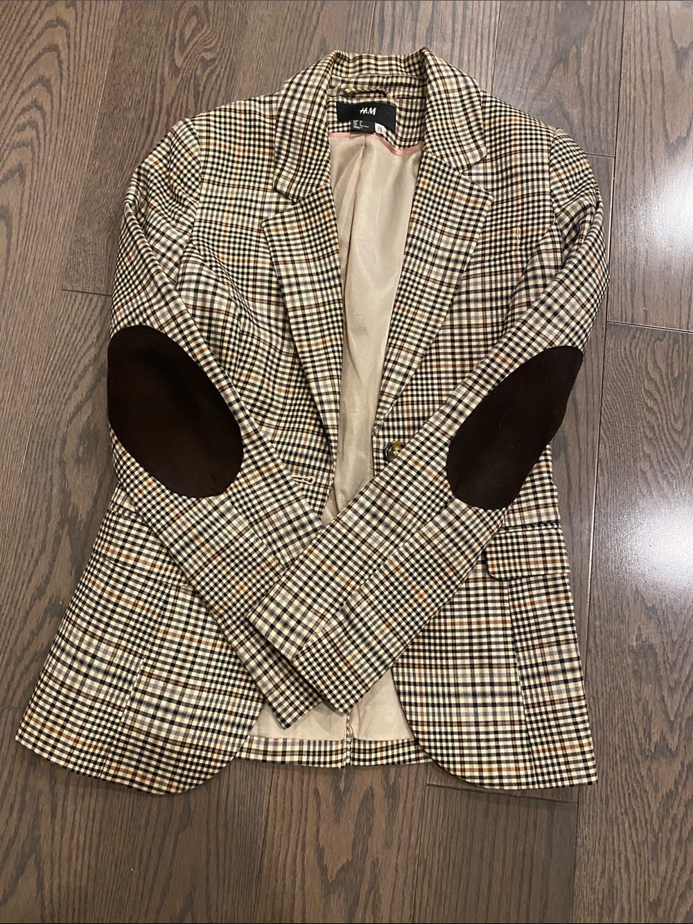 H&M Beige & Brown Plaid Blazer with Dark Brown Elbow Patches